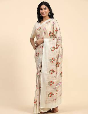 Cream printed silk blend ethnic saree with blouse piece 1