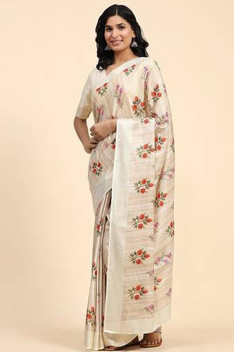 Cream printed silk blend ethnic saree with blouse piece