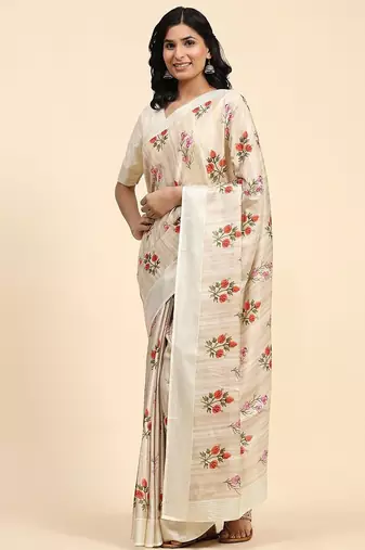 Cream printed silk blend ethnic saree with blouse piece