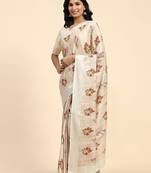 Cream printed silk blend ethnic saree with blouse piece