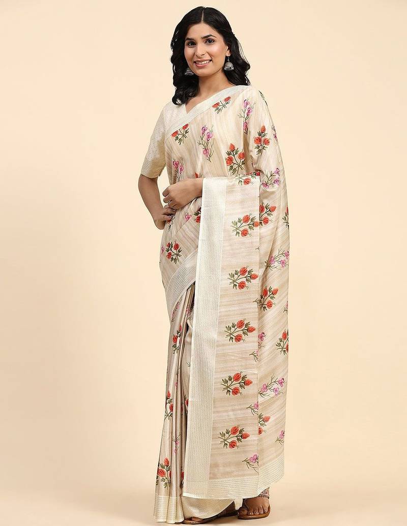 Cream printed silk blend ethnic saree with blouse piece