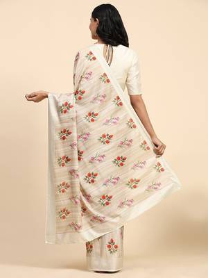 Cream printed silk blend ethnic saree with blouse piece 2