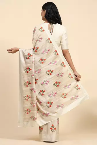 Cream printed silk blend ethnic saree with blouse piece
