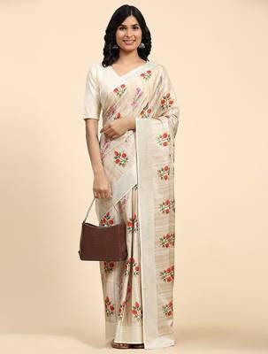 Cream printed silk blend ethnic saree with blouse piece 3