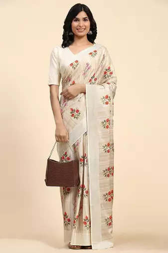 Cream printed silk blend ethnic saree with blouse piece