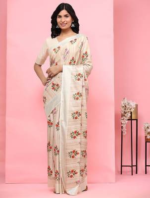 Cream printed silk blend ethnic saree with blouse piece 4