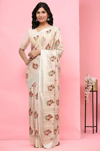 Cream printed silk blend ethnic saree with blouse piece