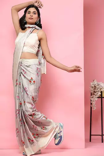 Grey printed silk blend ethnic saree with blouse piece