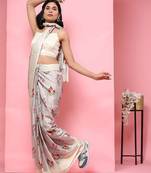 Grey printed silk blend ethnic saree with blouse piece