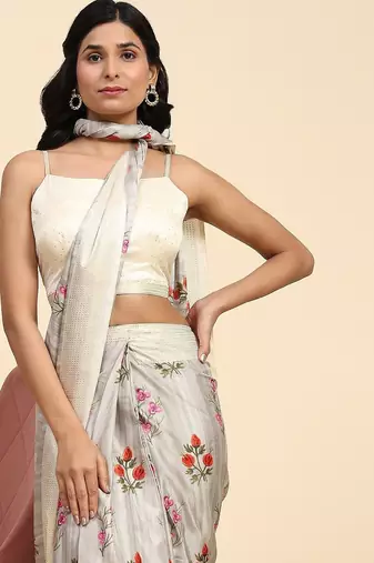Grey printed silk blend ethnic saree with blouse piece