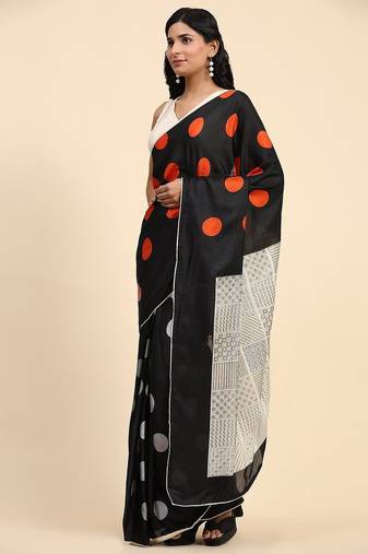 Black printed silk blend ethnic saree with blouse piece