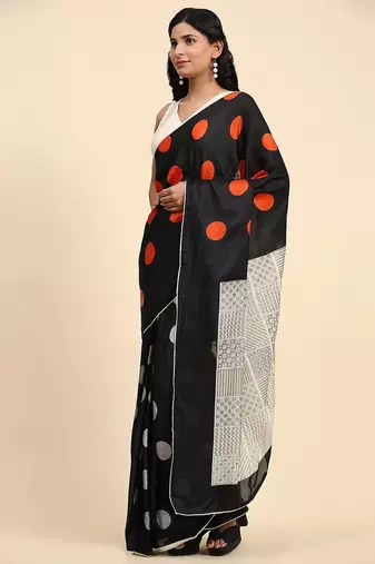 Black printed silk blend ethnic saree with blouse piece