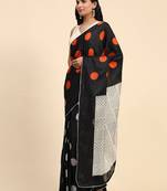 Black printed silk blend ethnic saree with blouse piece