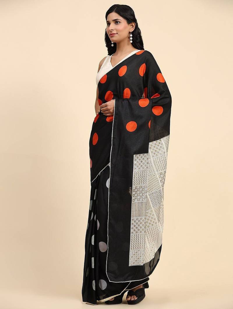 Black printed silk blend ethnic saree with blouse piece