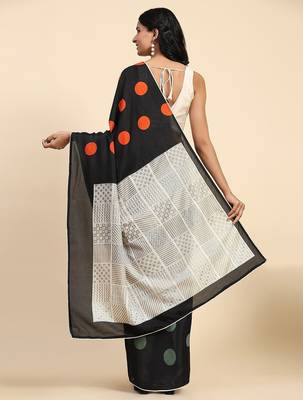 Black printed silk blend ethnic saree with blouse piece 2