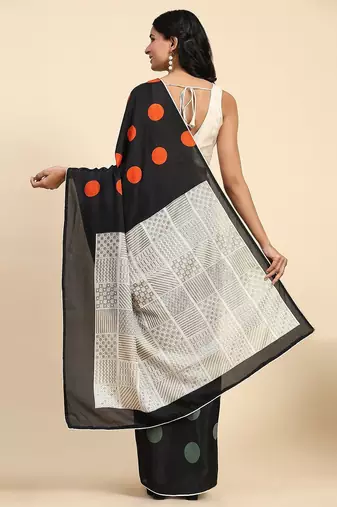 Black printed silk blend ethnic saree with blouse piece