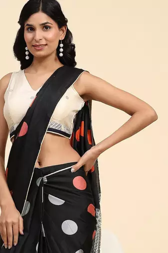Black printed silk blend ethnic saree with blouse piece