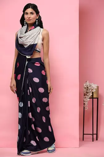 Navy blue printed silk blend ethnic saree with blouse piece