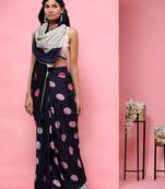 Navy blue printed silk blend ethnic saree with blouse piece