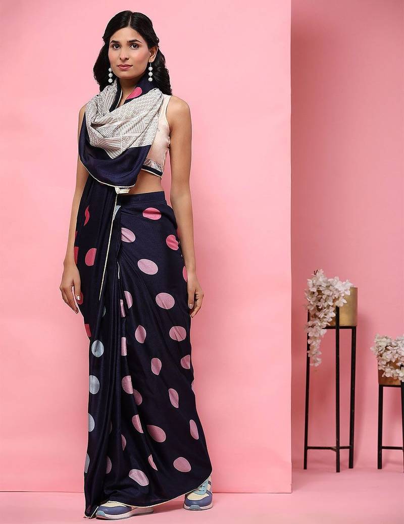 Navy blue printed silk blend ethnic saree with blouse piece