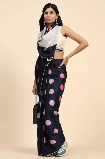 Navy blue printed silk blend ethnic saree with blouse piece
