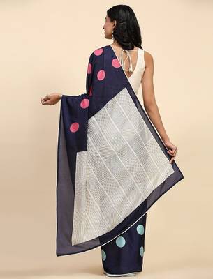 Navy blue printed silk blend ethnic saree with blouse piece 3