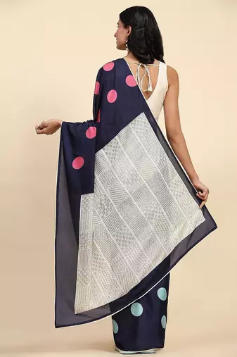 Navy blue printed silk blend ethnic saree with blouse piece