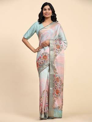 Pink printed blended cotton designer saree with blouse piece 1