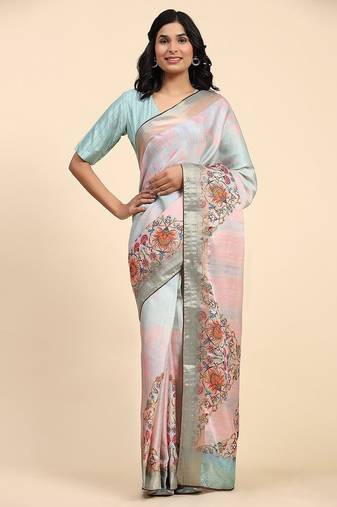 Pink printed blended cotton designer saree with blouse piece