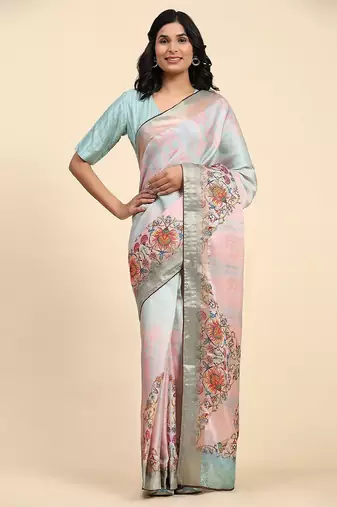 Pink printed blended cotton designer saree with blouse piece