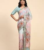 Pink printed blended cotton designer saree with blouse piece