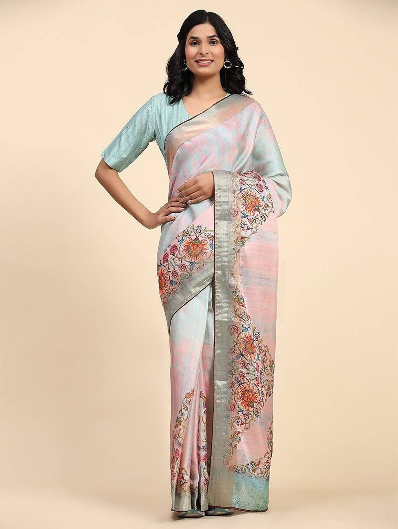 Pink printed blended cotton designer saree with blouse piece
