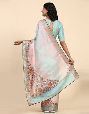 Pink printed blended cotton designer saree with blouse piece 2