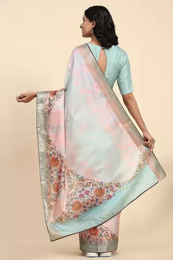 Pink printed blended cotton designer saree with blouse piece