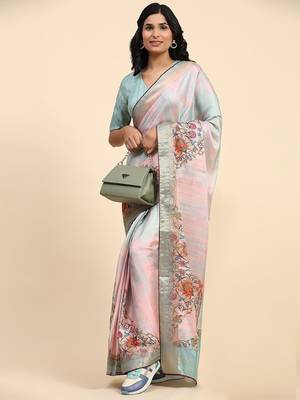 Pink printed blended cotton designer saree with blouse piece 3
