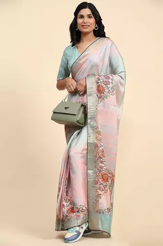 Pink printed blended cotton designer saree with blouse piece