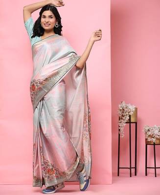 Pink printed blended cotton designer saree with blouse piece 4
