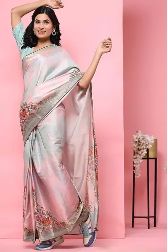 Pink printed blended cotton designer saree with blouse piece