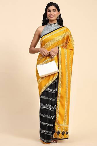 Gold printed silk blend ethnic saree with blouse piece