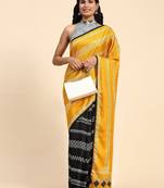 Gold printed silk blend ethnic saree with blouse piece