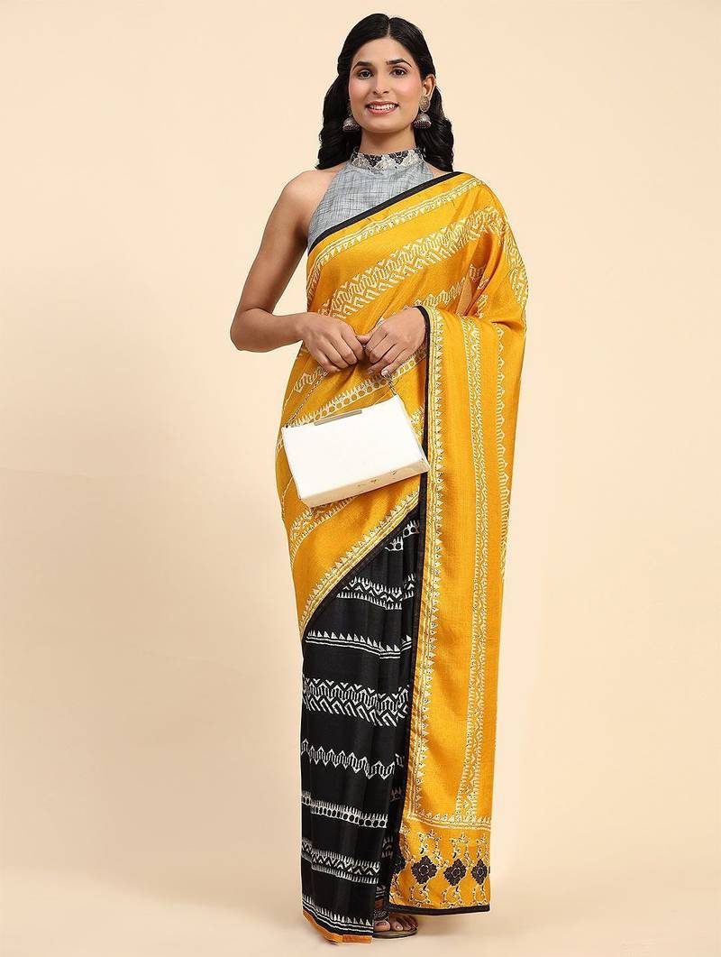 Gold printed silk blend ethnic saree with blouse piece