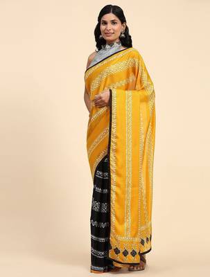 Gold printed silk blend ethnic saree with blouse piece 2