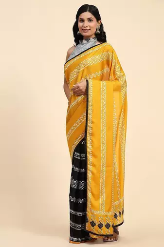Gold printed silk blend ethnic saree with blouse piece
