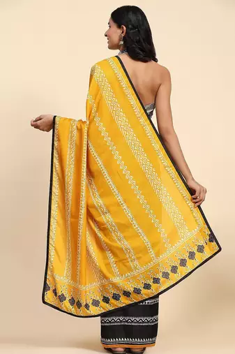 Gold printed silk blend ethnic saree with blouse piece