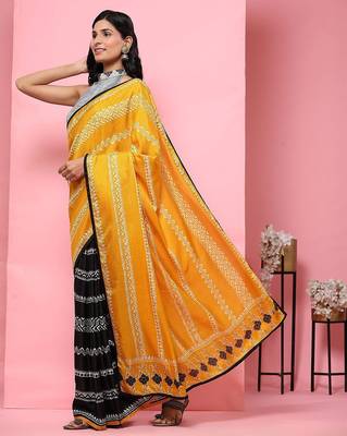 Gold printed silk blend ethnic saree with blouse piece 4