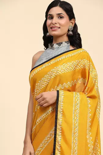 Gold printed silk blend ethnic saree with blouse piece