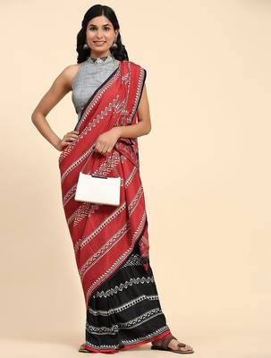 Red printed silk blend ethnic saree with blouse piece 1