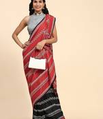 Red printed silk blend ethnic saree with blouse piece