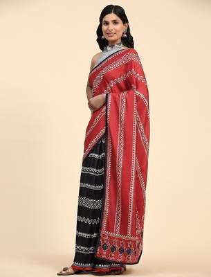 Red printed silk blend ethnic saree with blouse piece 2