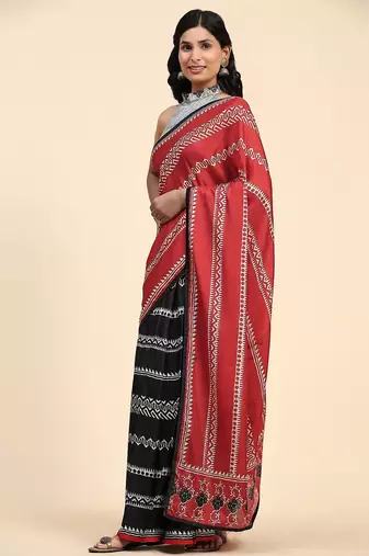 Red printed silk blend ethnic saree with blouse piece